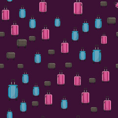 Seamless pattern of large travel plastic suitcases. Bag on wheels for business trip, summer vacation, travel.
