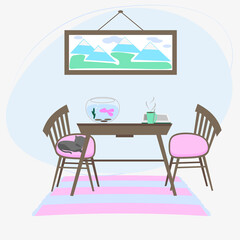 Read book in comfortable room. Table, two chairs, an aquarium with fish, cat, an open book, cup of hot coffee, picture with  landscape on wall. Vector illustration in light colors.