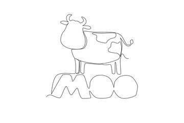 Single continuous line drawing of cute and adorable typography animal quote - Moo for cow sound. Calligraphic design for print, card, banner, poster. One line draw design illustration graphic vector