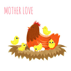 Cute Chicken bird set. Hen sitting on eggs in hen-coop illustration set of domestic birds in hen-house. Happy Easter. Elements isolated on white background. EPS10