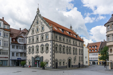 view of the Lederhaus building in the heart of the old town of Ravensburg in southern Germany