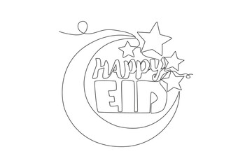 Single continuous line drawing of Happy Eid Al Fitr Mubarak and Ramadan Kareem concept. Islamic holiday calligraphic design for print, greeting card, banner, poster. One line draw design illustration