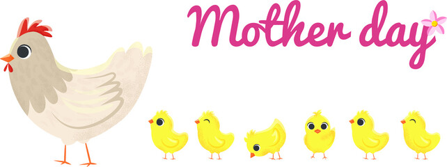 Cute bright card with texture for Mother's Day. Illustration animals isolated on a white background. Hen with a baby chicken. EPS10