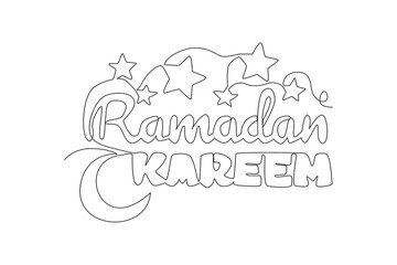 One single line drawing of Happy Eid Al Fitr Mubarak and Ramadan Kareem concept. Islamic holiday calligraphic design for print, greeting card, banner, poster. Continuous line draw design illustration