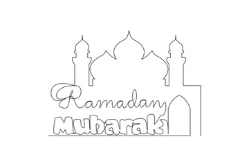 One single line drawing of Happy Eid Al Fitr Mubarak and Ramadan Kareem concept. Islamic holiday calligraphic design for print, greeting card, banner, poster. Continuous line draw design illustration