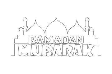 One continuous line drawing of Happy Eid Al Fitr Mubarak and Ramadan Kareem concept. Islamic holiday calligraphic design for print, greeting card, banner, poster. Single line draw design illustration