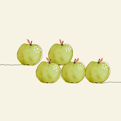 Five green apples with one little leaf on light background 