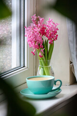 Pink hyacinth flowers in small transparent vase with coffee in blue cup on the window sill seen between the leaves of a houseplant. Still life and hygge concept.