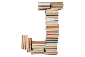 Letter - J made of books isolated on white background. Book letter font mockup from the alphabet. Concept of education. Nobody