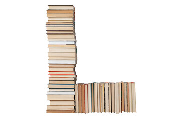 Letter - L made of books isolated on white background. Book letter font mockup from the alphabet. Concept of education. Nobody