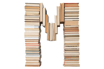 Letter - M made of books isolated on white background. Book letter font mockup from the alphabet. Concept of education. Nobody