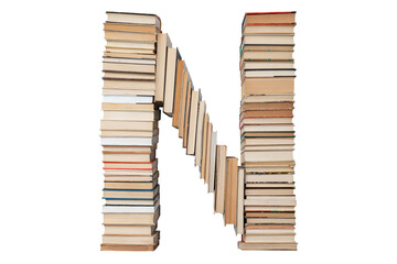 Letter - N made of books isolated on white background. Book letter font mockup from the alphabet. Concept of education. Nobody