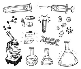 Biotechnology doodles. Scientific doodle style icons set. Logos for pharmacy, science, medicine, technology, education and health. Isolated hand drawn vector illustration. - 361088959