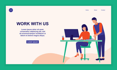 Two Office Workers Working At Office. Business And Hiring Concept. Full Length. Flat Design.