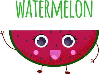 Cartoon Lovely kind pink illustration of watermelon with pretty eyes. A cute happy watermelon. Picture with texture
