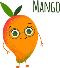 Cartoon Lovely kind yellow illustration of mango with pretty eyes. A cute mango with glasses. Picture with texture