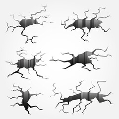 Set of ground cracks. Earthquake crack, hole effect and cracked surface. Cracked land, concrete surface with splits isolated 3d vector