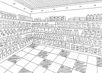 Grocery store shop interior black white graphic sketch illustration vector