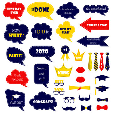 Prom. Invitation tags for the graduation party, graduation party. With elements of crown, false mustache, glasses, ties, butterflies and hats. For selfie.