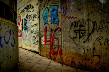 cement walls smeared with graffiti