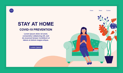 Young Woman Having A Cold. Stay At Home And Covid-19 Coronavirus Outbreak Prevention Concept. Vector Flat Cartoon Illustration.