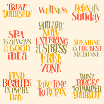 SPA set. Hand-drawn lettering quote for SPA, Wellness center, Wellbeing concept. Typography for merchandise, social media, magazines, interior, home decoration, posters, web design element. 