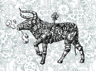 Fototapeta na wymiar Mechanical bull. Hand drawn vector steampunk animal. Symbol of 2021 eyar. 