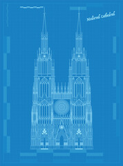 Medieval Cathedral Drawing Technical Blueprint Background, Ancient Church Building Facade