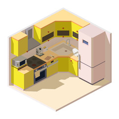 Vector isometric bright modern kitchen room with household appliances, fridge, stove, microwave, exhaust hood, coffee machine and toaster. 3d kitchen furniture, interior design of cooking place.