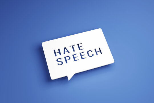 White speech bubble with text Hate Speech on blue background. 3d render.