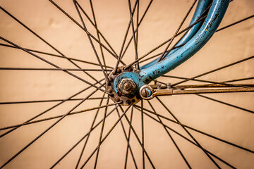 Vintage bicyle wheel showing spokes and hub