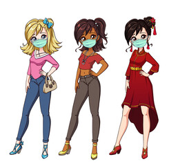 Set of three different nationality girls wearing medical mask