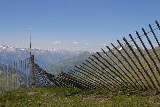 Fence in mountain landscape. Col du Tourmalet is the highest paved mountain pass in the French Pyrenees, at 2115 m.