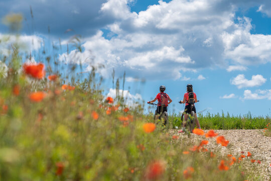 grandmother and granddaughter underway with their mountain bikes on a sunny summer day between red poppies and cornfields under a beautiful blue sky with white clouds 