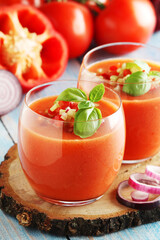 Cold Spanish soup Gazpacho served in glasses