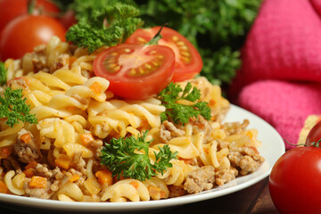 Fusilli pasta with meat and vegetables	