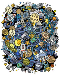 Fototapeta premium Cartoon vector doodles Space illustration. Bright colors cosmic funny picture