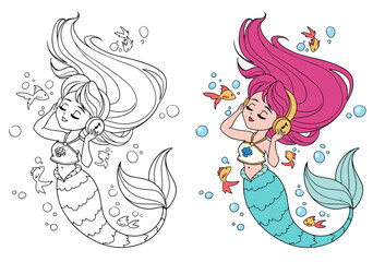Cute little mermaid with long hair and wearing a t-shirt listen to music.