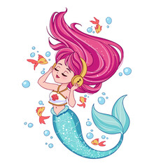 Cute pink haired mermaid wearing a t-shirt listen to music.