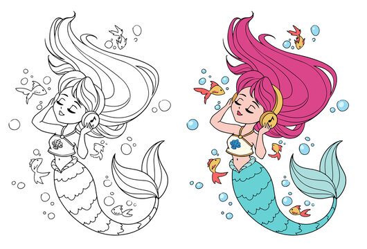 Cute little mermaid with long hair and wearing a t-shirt listen to music.