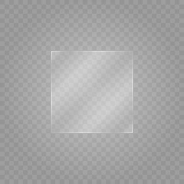 Glass plate on transparent background. Acrylic and glass texture with glares and light. Realistic transparent glass window in rectangle frame. Vector