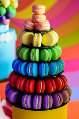 Pyramid of  colorful macaroons on candy bar