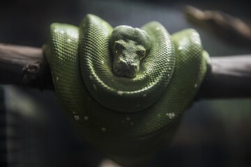 Selective focus shot of a feisty green snake