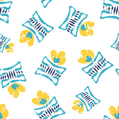 Modern daffodil flowers in aztec style pots. Seamless vector pattern background. Hand drawn yellow florals and blue vases backdrop with flecked texture overlay. Tossed botanical repeat for wellness
