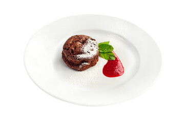 Chocolate fondant with mint and raspberry sauce