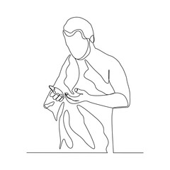 Continuous line drawing of muslim man praying in hajj ihram uniform. One line art concept of islamic. Vector illustration