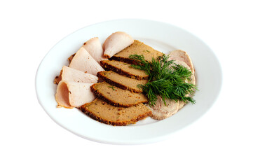 Delicious sliced ​​lard, meat and pate isolated on white