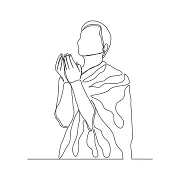 recommend clip art: Continuous line drawing of muslim man praying in hajj ihram uniform. One line art concept of islamic. Vector illustration