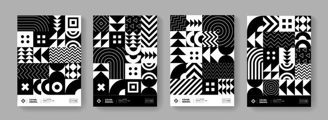 Trendy minimal geometric pattern vector design. Modern posters set with shape elements. Black and White hipster background.