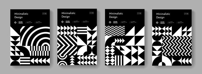 Abstract Bauhaus Geometric Pattern Background. Black and white swiss design poster collection. Minimal monochrome shape elements.